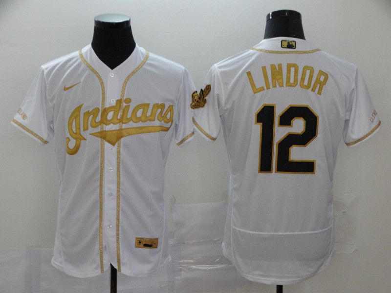 Men Cleveland Indians #12 Lindor White Retro gold character Nike Elite MLB Jerseys